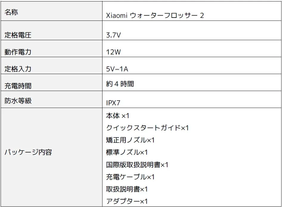 Xiaomi ウォーターフロッサー 2 スペック