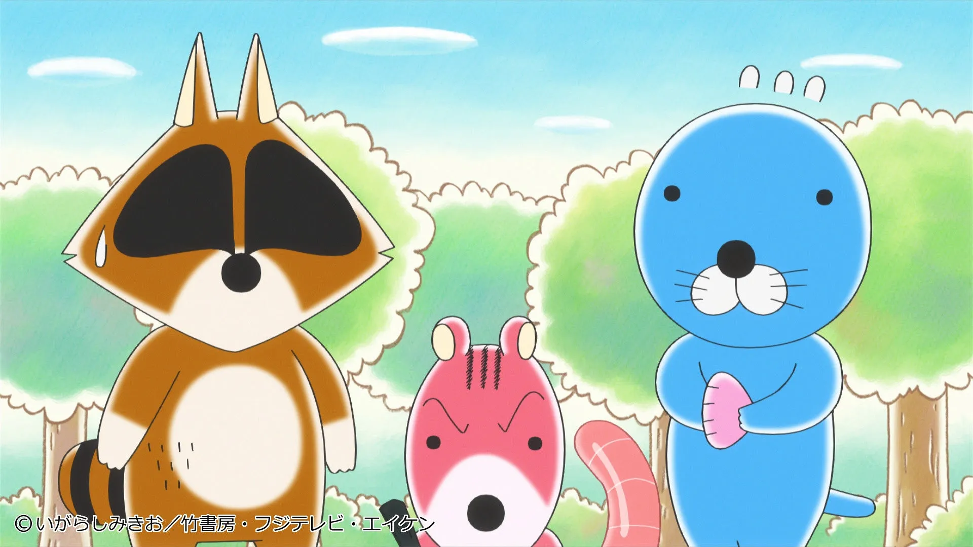 三匹のキャラクターたちが並んでいるアニメのワンシーンです。真ん中のピンク色のキャラクターが怒った表情をしています。