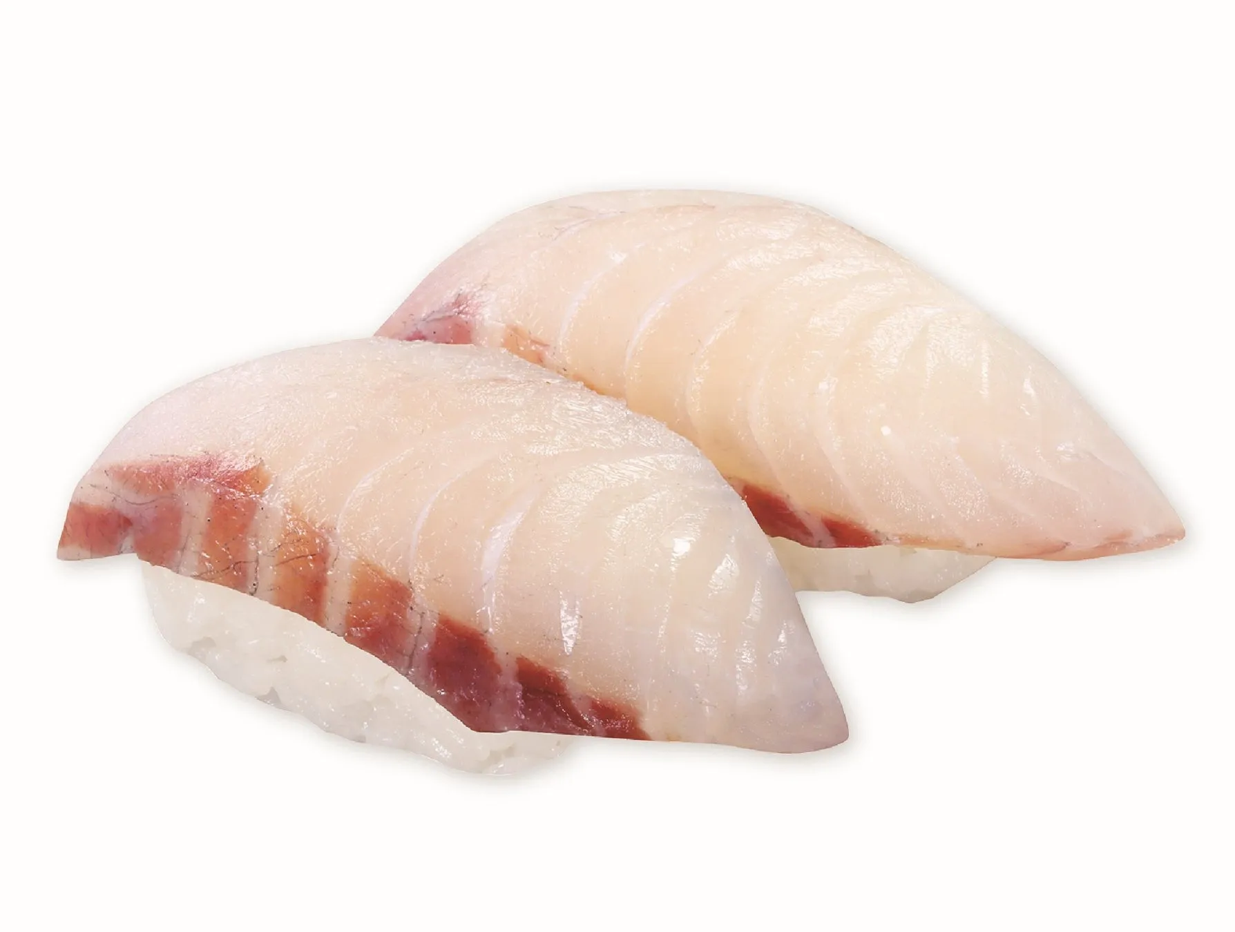 2つの寿司。白いご飯の上に、白い魚の切り身が乗っています。