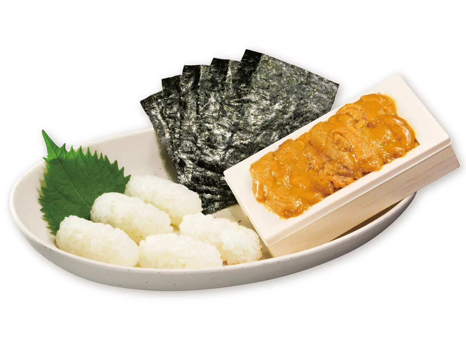 ウニ、海苔、ご飯が盛り付けられた料理の写真です。