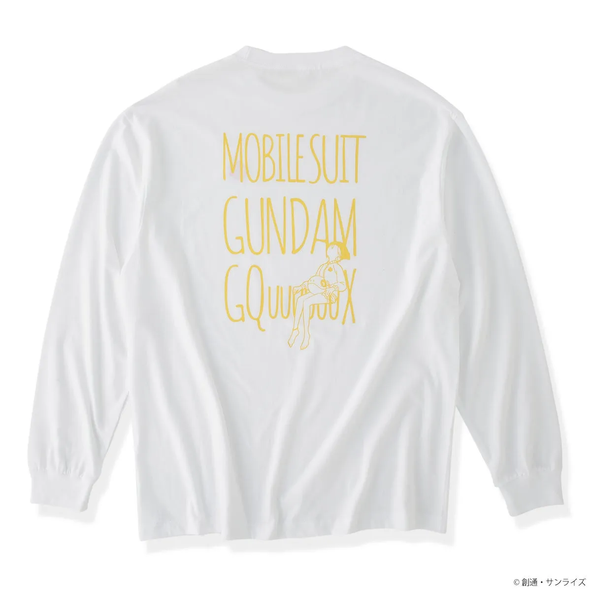 白い長袖Tシャツ。背中には「MOBILE SUIT GUNDAM GQux」の文字とイラストが描かれている。右下には©創通・サンライズの文字。