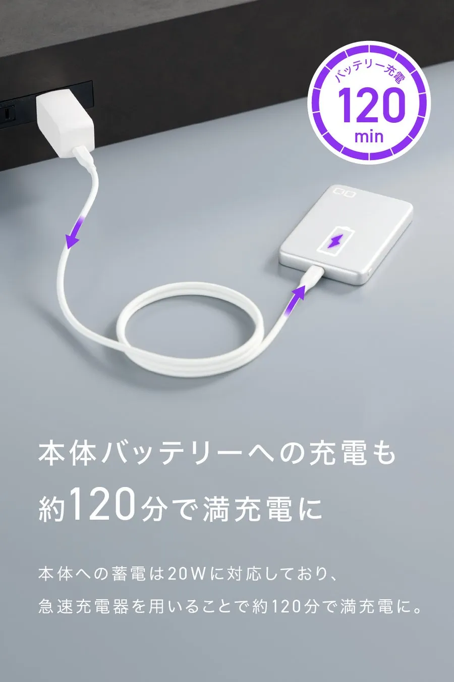 充電中のデバイスと、充電時間の情報を示した画像です。デバイスは充電器に接続されており、約120分で満充電になることが示されています。