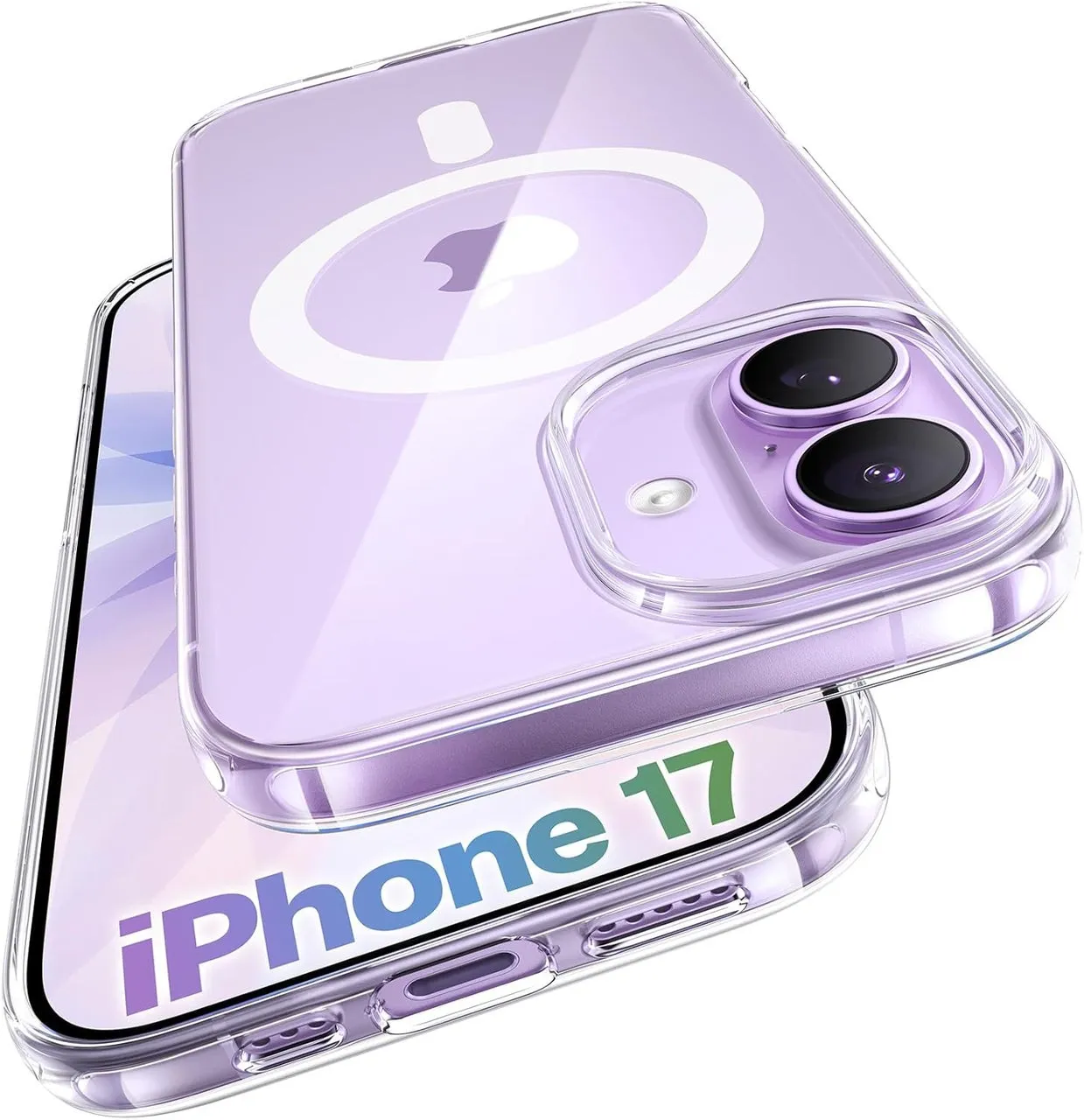 iPhone 17のクリアケースの画像。ケースは透明で、iPhoneの背面を保護するように設計されています。ケースはiPhoneのカメラとボタンに合わせた形状になっており、iPhoneのロゴも確認できます。