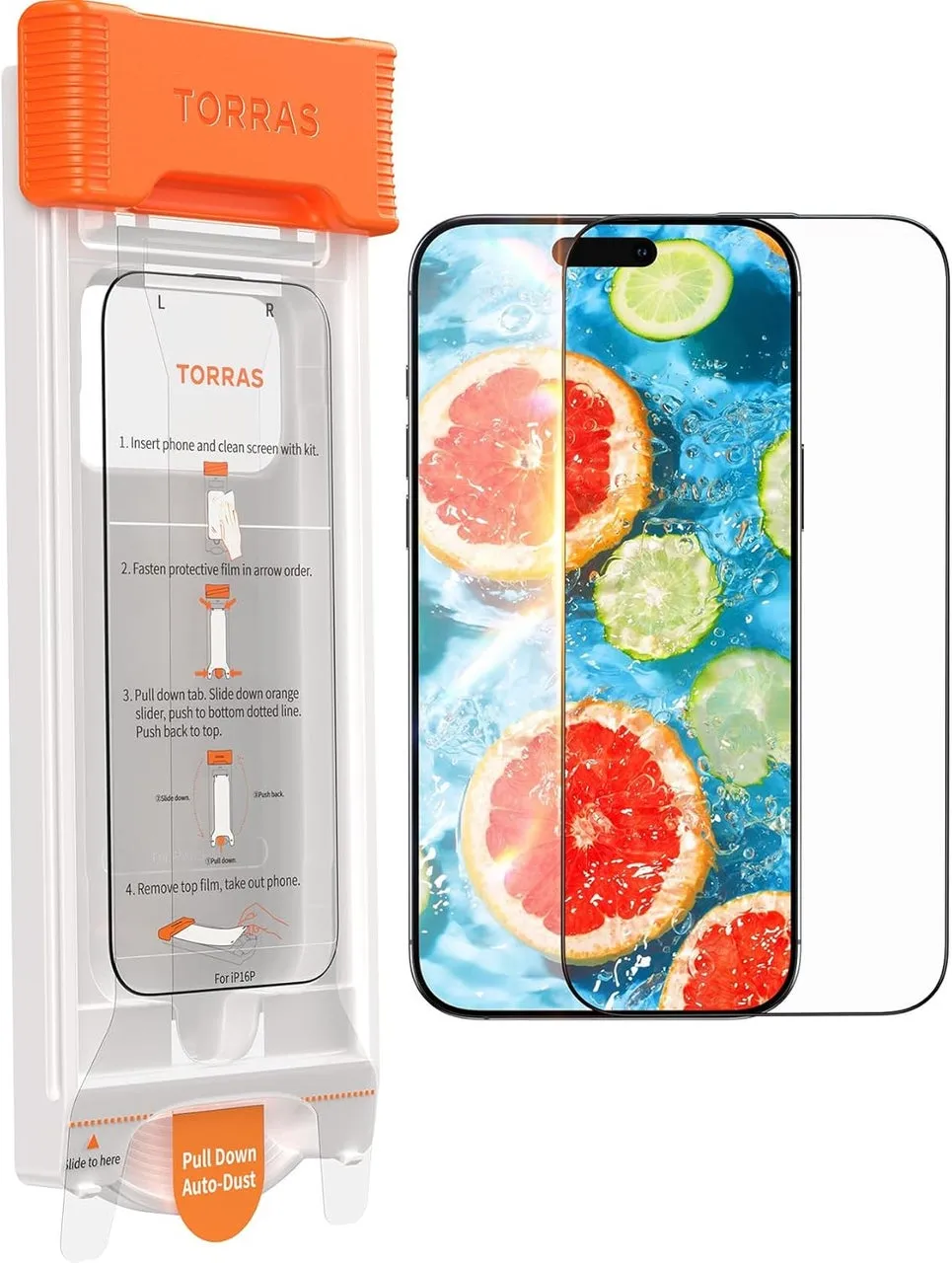 これは、TORRASブランドのスマートフォン用保護フィルムのパッケージと、保護フィルムが貼り付けられたスマートフォン、および保護フィルムの概要を示す画像です。パッケージには、保護フィルムの貼り付け方法が図解されています。スマートフォンには、水滴とフルーツが描かれた画面が表示されています。
