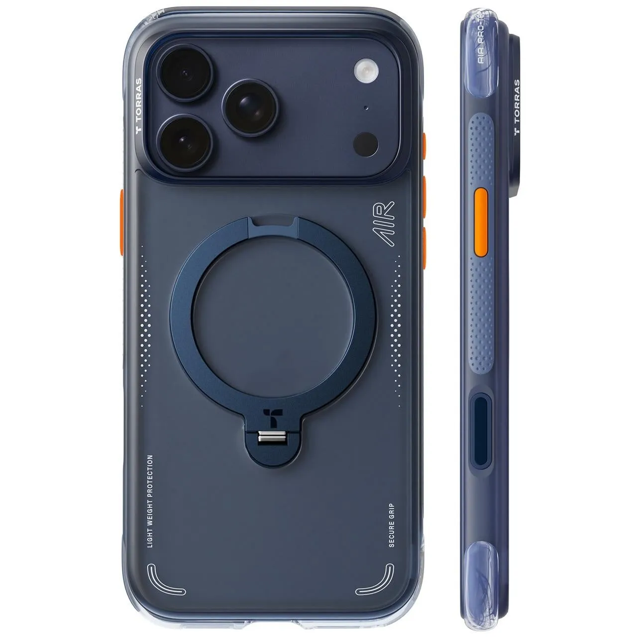 iPhoneケースの画像。ケースは透明な素材で、背面にカメラとリングが付いている。ケースの側面にはオレンジ色のアクセントがあり、ブランド名とケースの機能を示す文字が印刷されている。
