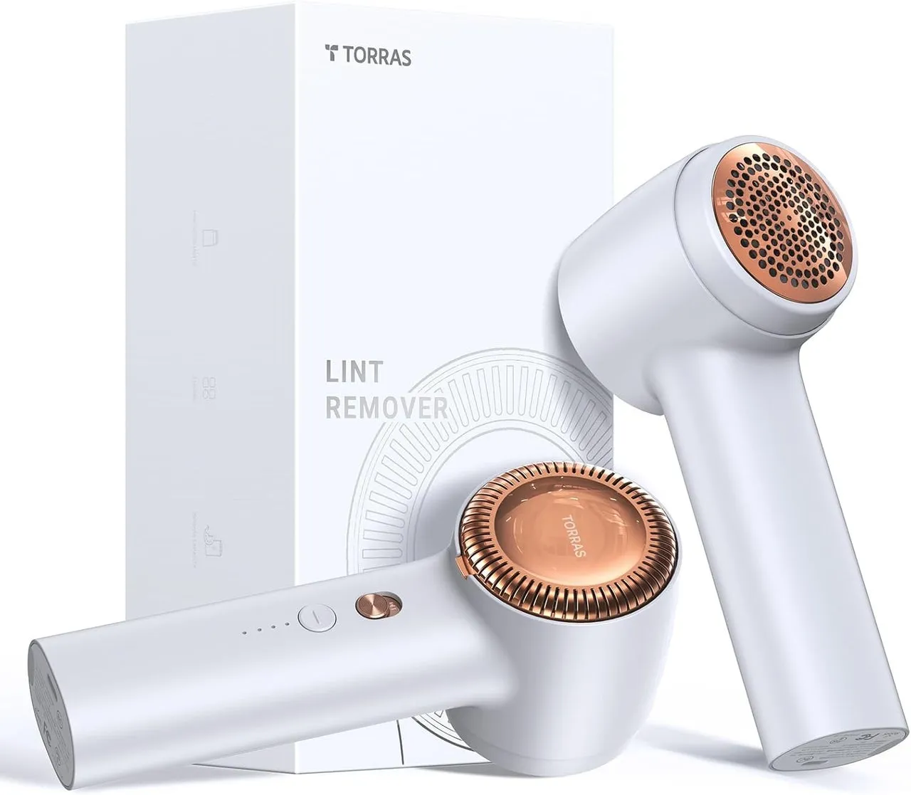 白を基調とした、TORRASのLINT REMOVER（毛玉取り器）の製品写真。製品は2台あり、箱が背景に置かれている。