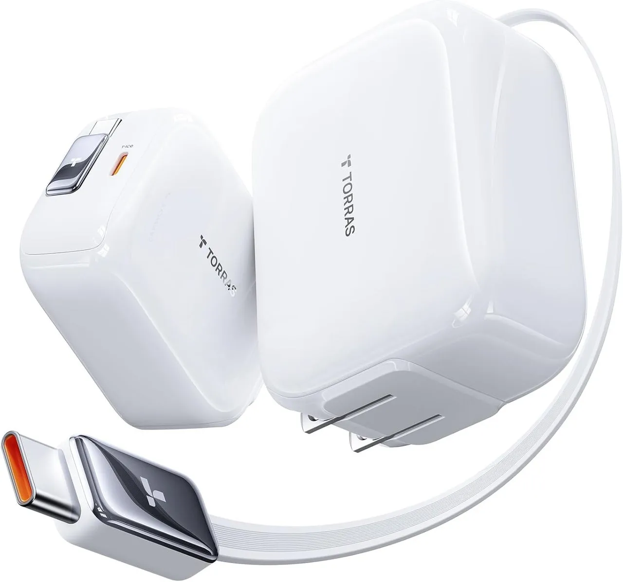 白を基調としたTORRAS製の充電器の製品写真。充電器本体とUSB Type-Cケーブルが写っている。