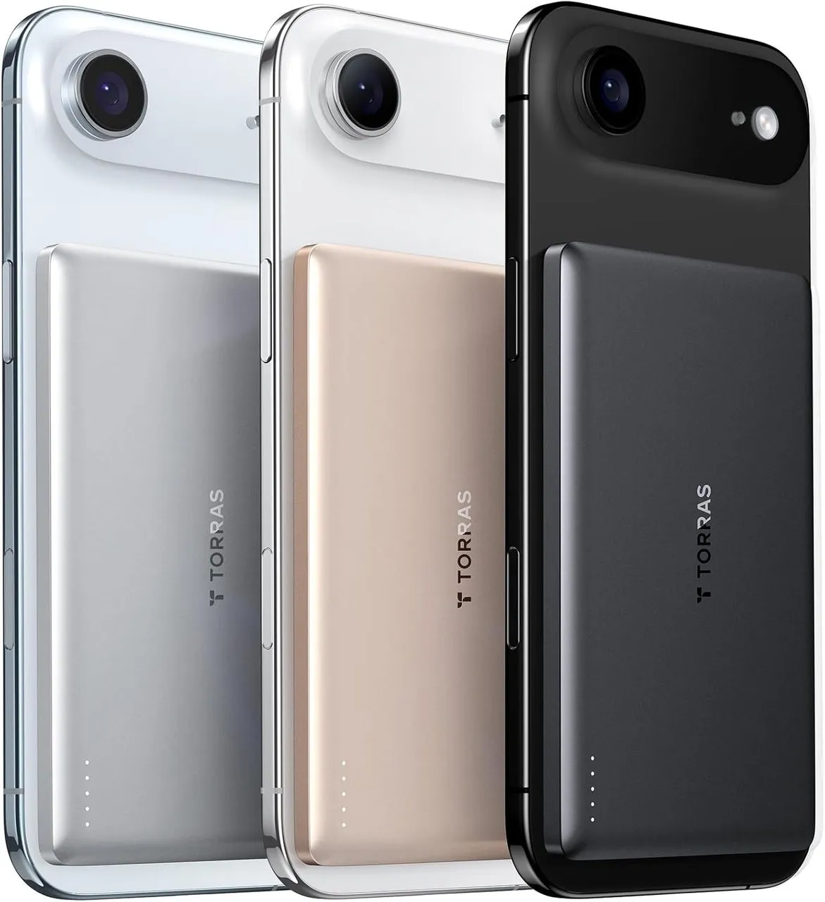 3色のスマートフォンケースの画像。ケースにはカメラ、バッテリーパック、TORRASのロゴがデザインされている。