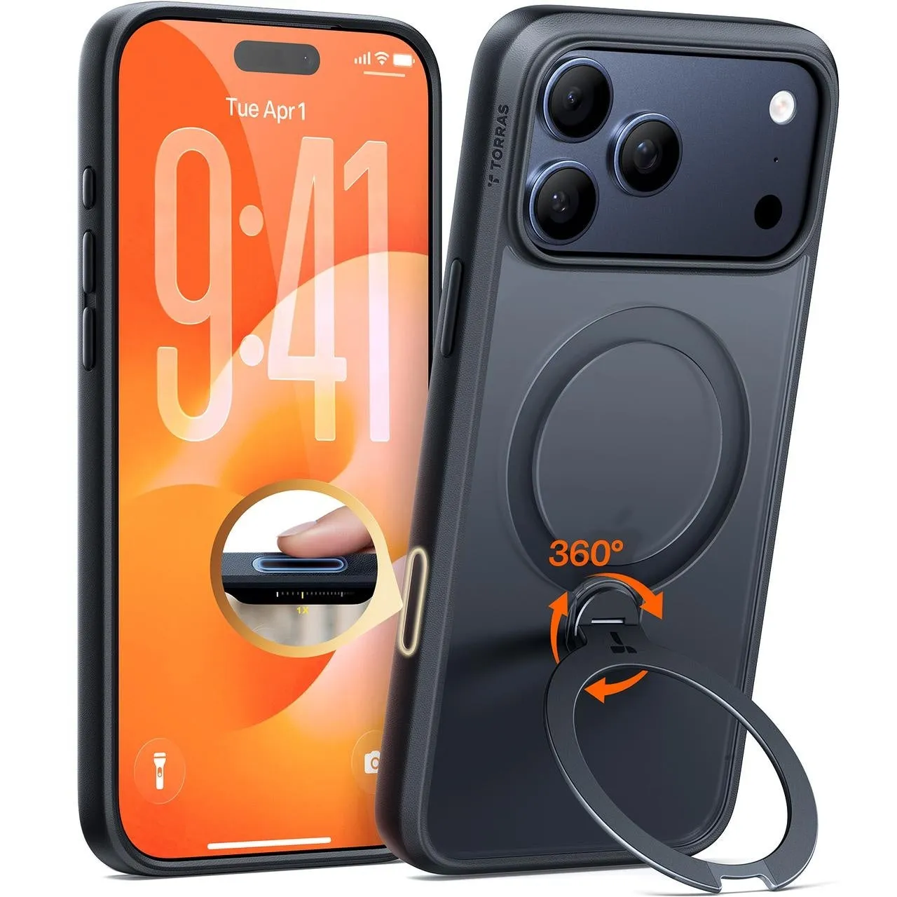 iPhone用の黒いケース。ケースには360度回転するリングが付いています。