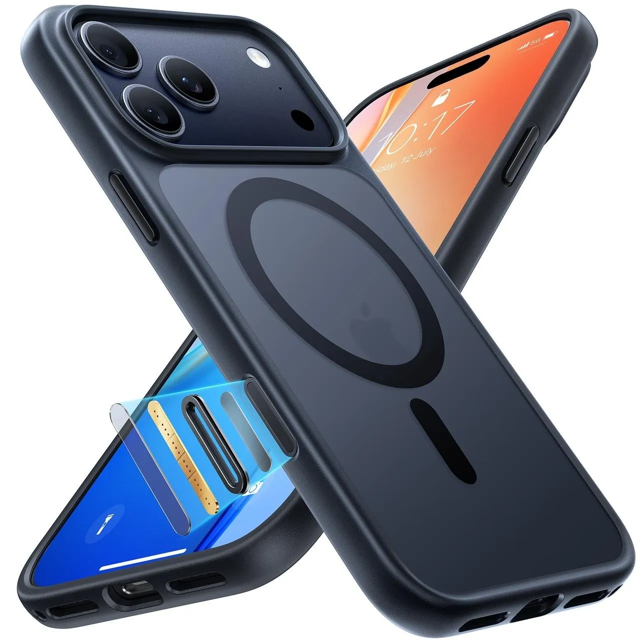 iPhoneケースのイメージ画像。ケースは黒色で、透明な背面部分とMagSafe互換の円形デザインが特徴。