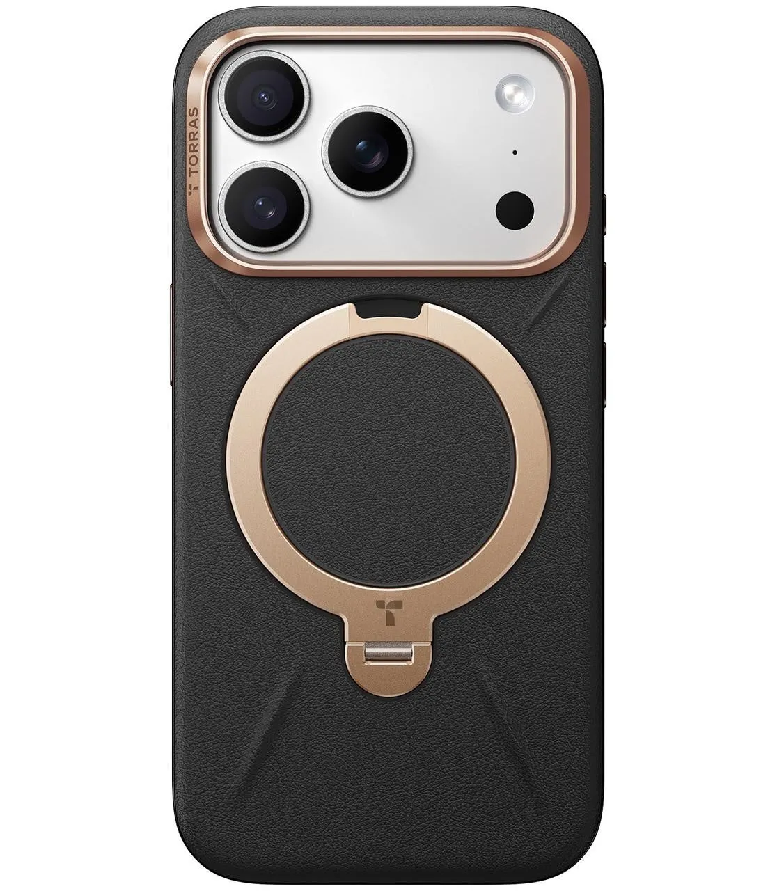 iPhoneケース。背面が黒く、カメラ周りとリング部分がゴールドでデザインされている。