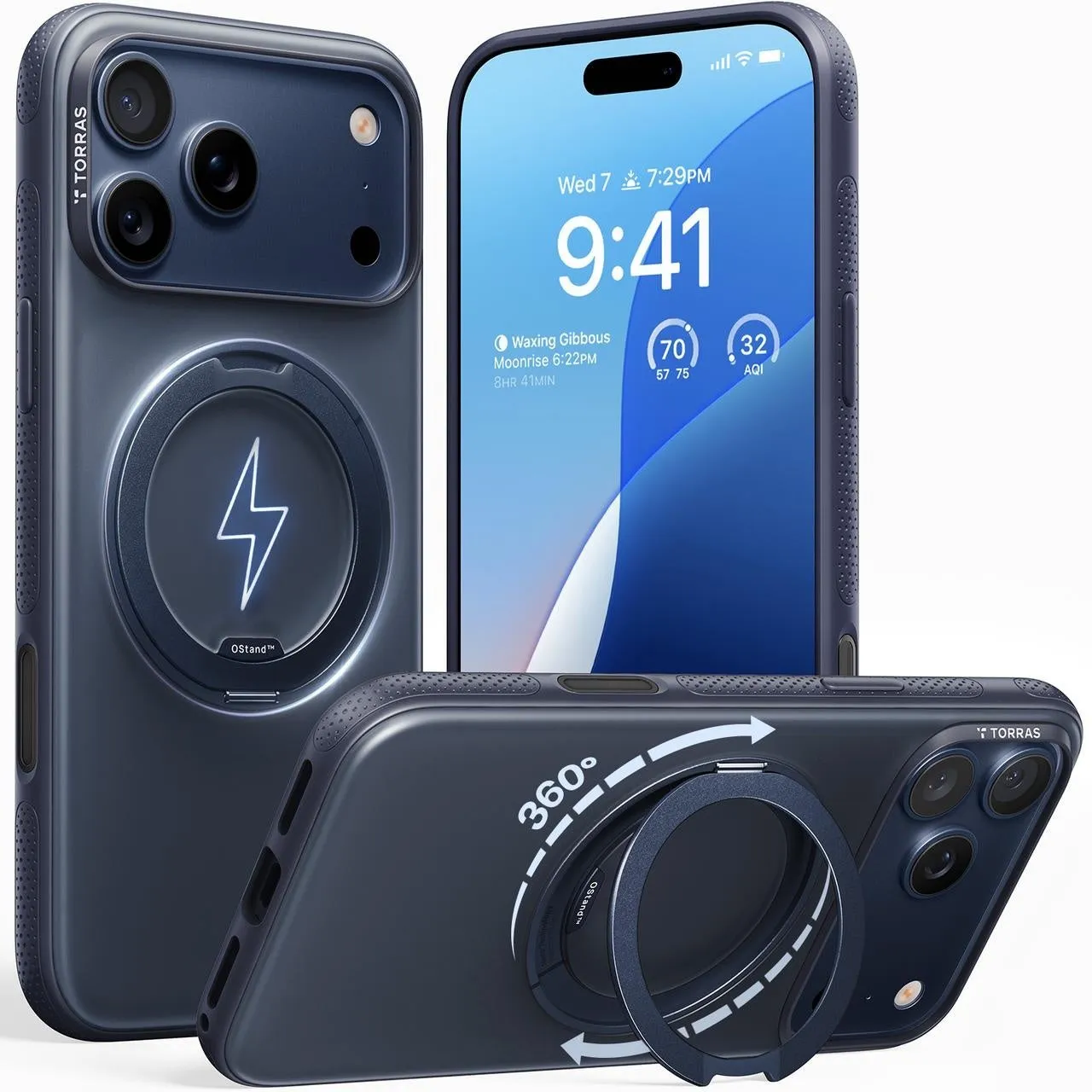 iPhoneケースが3つ並んだ画像。ケースにはリングが付いており、360度回転する。画面には時刻が表示されている。