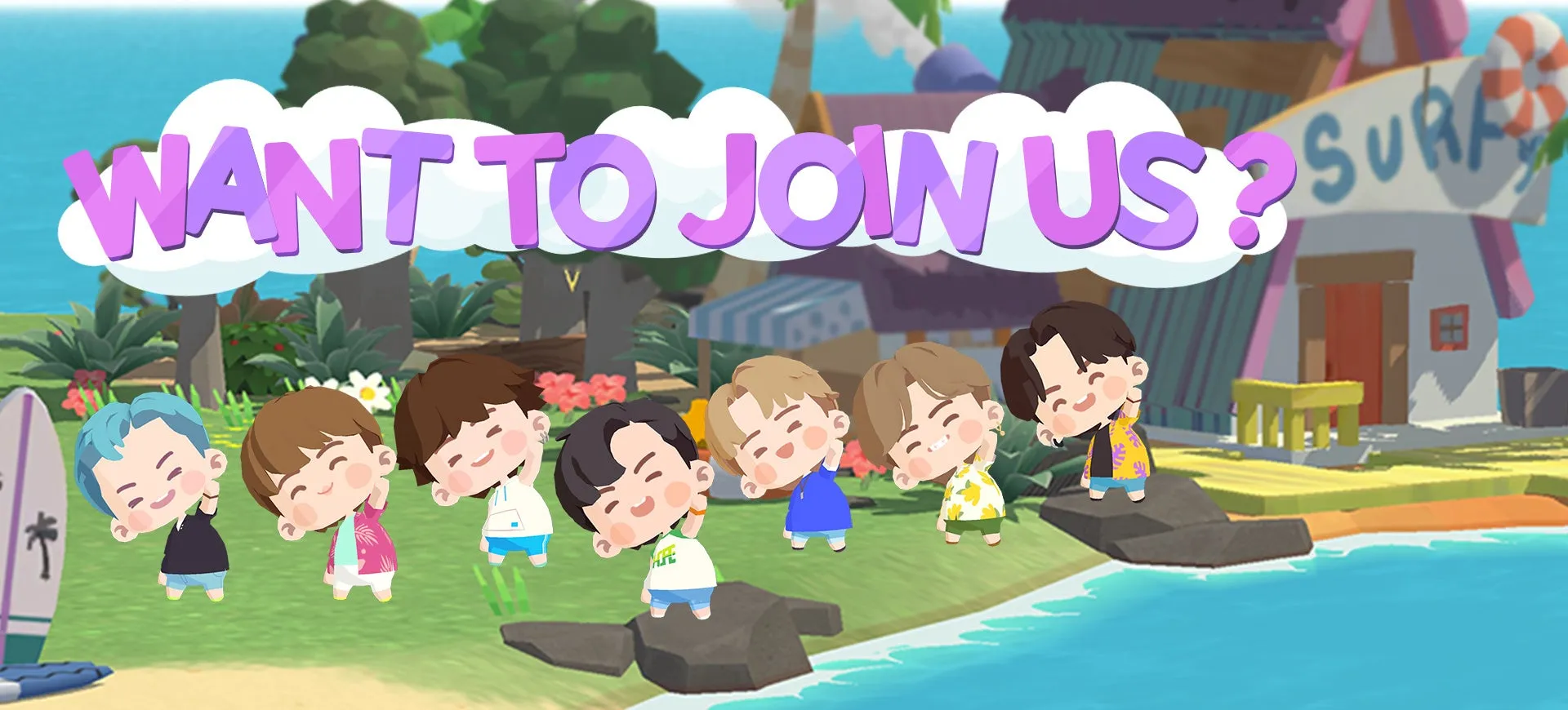 BTSキャラクターが海辺で楽しんでいる様子を描いたイラスト。雲の形の吹き出しに「WANT TO JOIN US？」の文字が書かれています。