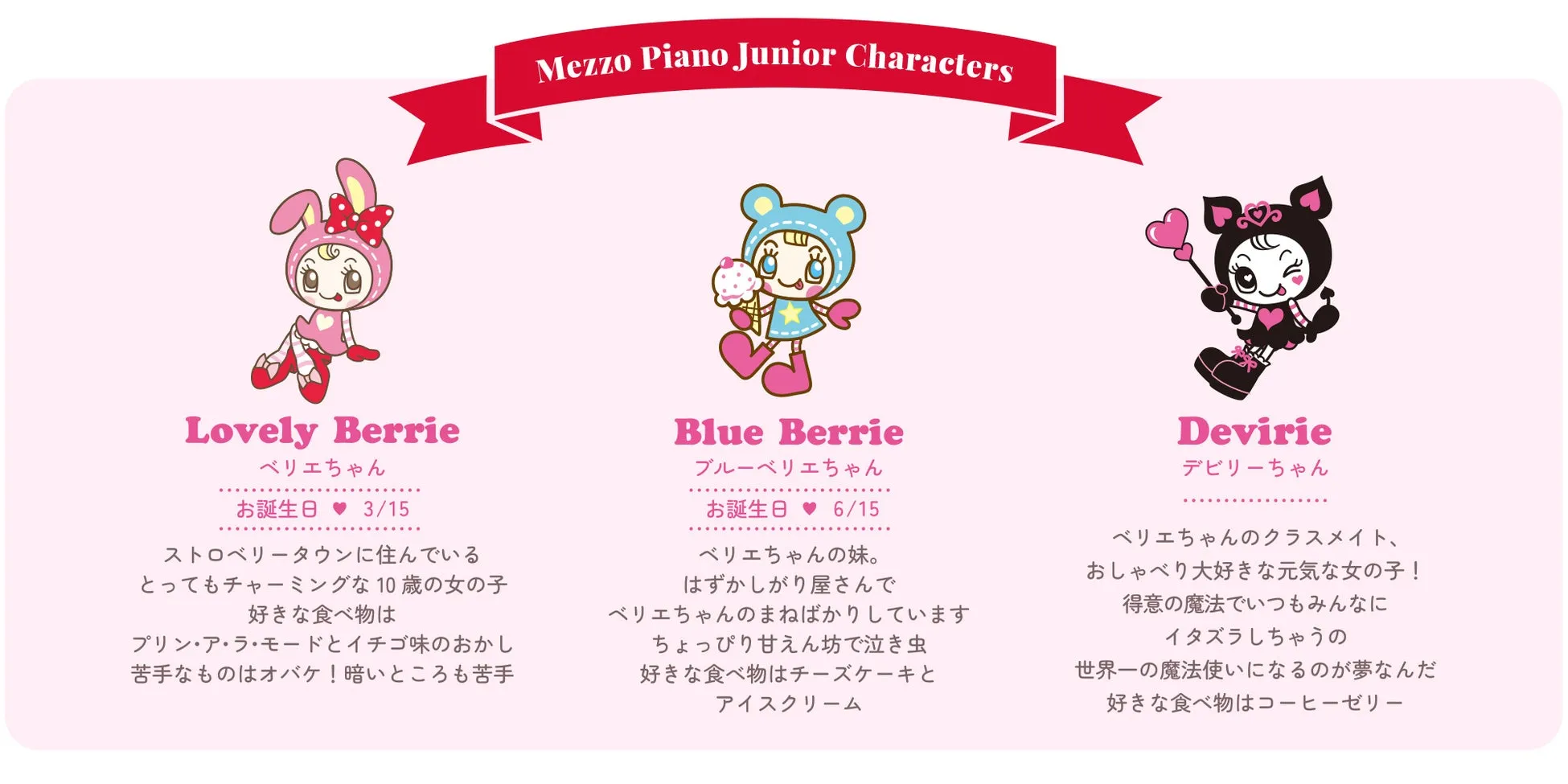 メゾピアノジュニアキャラクターの画像。3人のキャラクター、Lovely Berrie、Blue Berrie、Devirieが紹介されています。