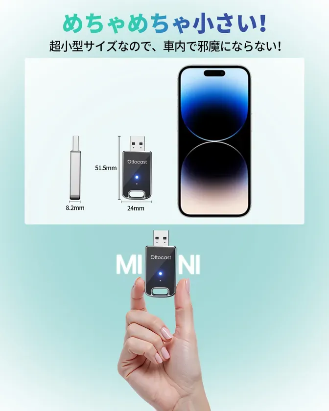 Ottocastの小型USBアダプタの広告画像です。USBアダプタのサイズが小さく、車内での使用に適していることをアピールしています。