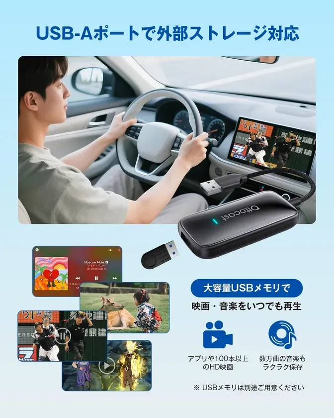 車内でUSB-Aポートで外部ストレージに対応したデバイスを使用している様子を描いた画像。USBメモリに保存した映画や音楽を再生できる機能を紹介しています。