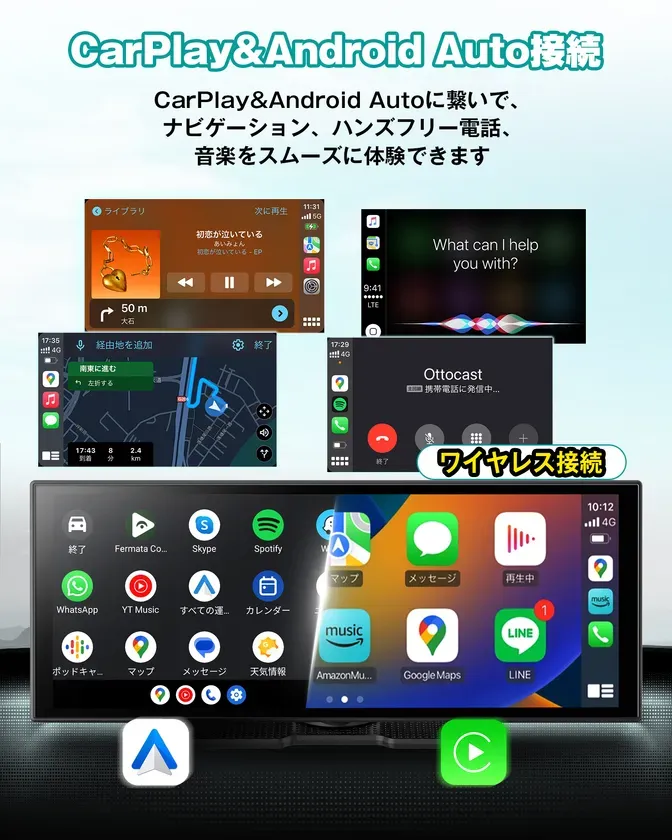 車のディスプレイにCarPlayとAndroid Autoを接続し、ナビゲーション、ハンズフリー電話、音楽をスムーズに体験できることを示す画像。ディスプレイには、音楽再生、地図、メッセージなどのアプリが表示されている。