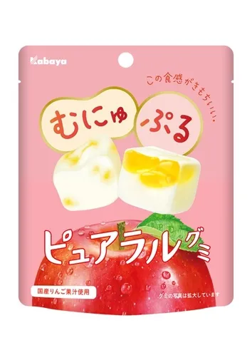 ピンク色のパッケージに、リンゴのイラストと「ピュアラルグミ」の文字が書かれたお菓子のパッケージです。
