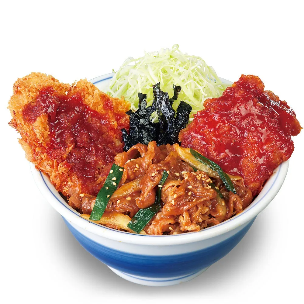 様々な具材が盛り付けられた丼の画像。左側には揚げ物、右側には揚げ物、中央にはキャベツ、海苔、肉が配置されている。