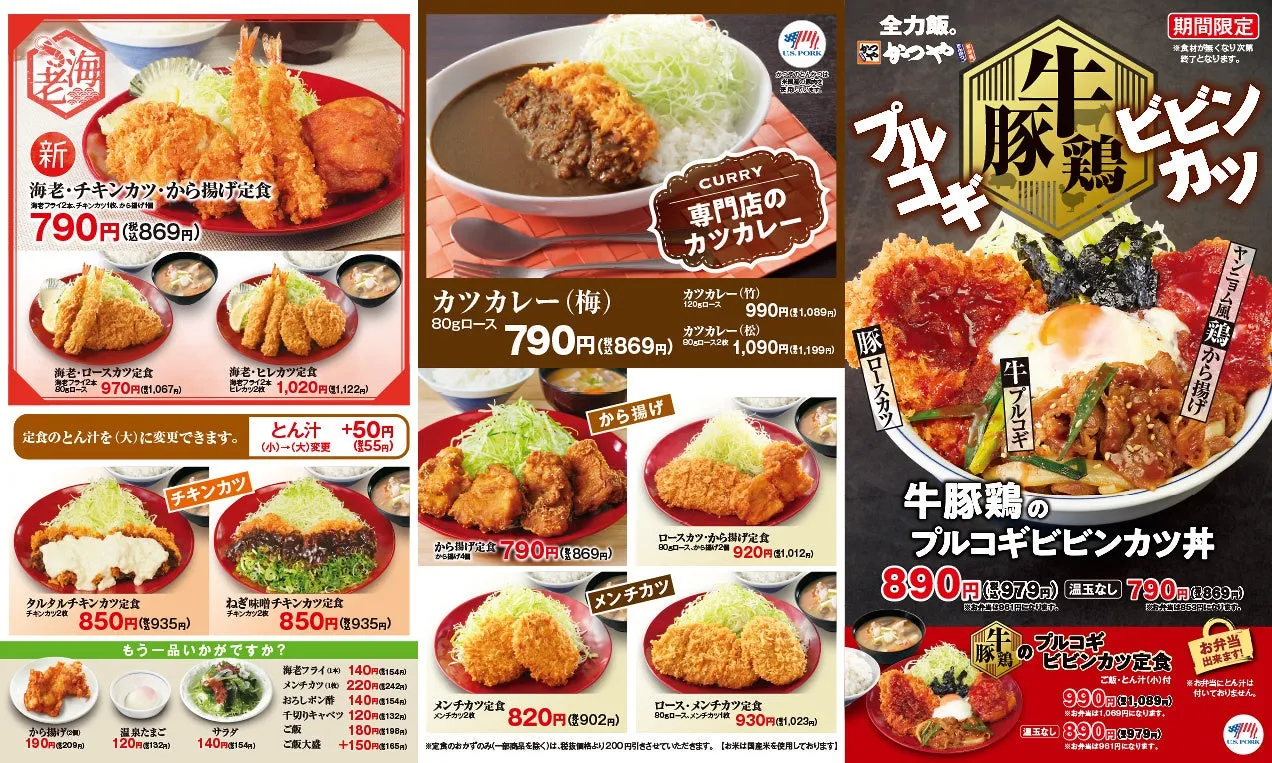 様々な揚げ物料理とご飯のメニューが掲載されたメニュー表。海老フライ、チキンカツ、ロースカツ、ヒレカツ、から揚げ、メンチカツなど、様々な揚げ物が定食や丼として提供されている。カレーやビビンカツ丼など、バラエティ豊かなメニューが特徴。