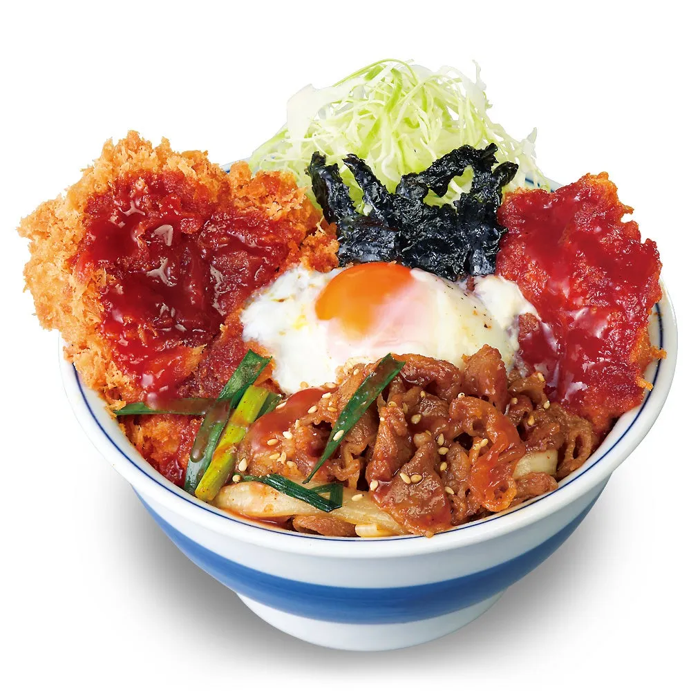 様々な具材が盛られた丼。とんかつ、目玉焼き、牛肉、キャベツ、海苔が確認できる。
