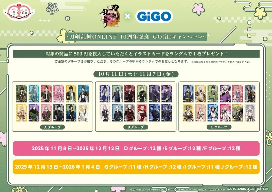 刀剣乱舞ONLINE 10周年記念のGiGOキャンペーンの告知画像。イラストカードプレゼント企画、期間、グループ分け、カードの種類が記載されている。
