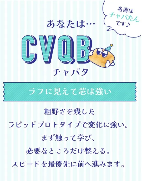 CVQBというキャラクターの紹介画像。ラフな外見だが、芯が強く、変化に強いラピッドプロトタイプのような特徴を持つ。