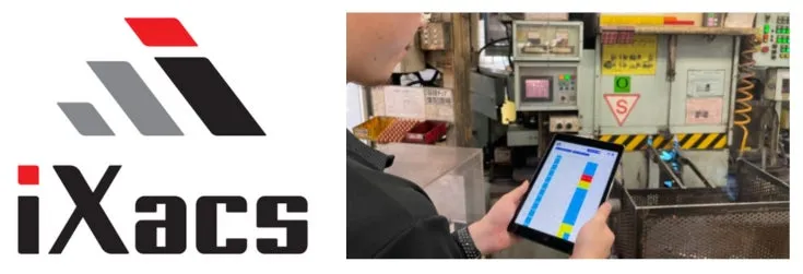 工場でタブレット端末を操作する作業員、iXacsロゴ