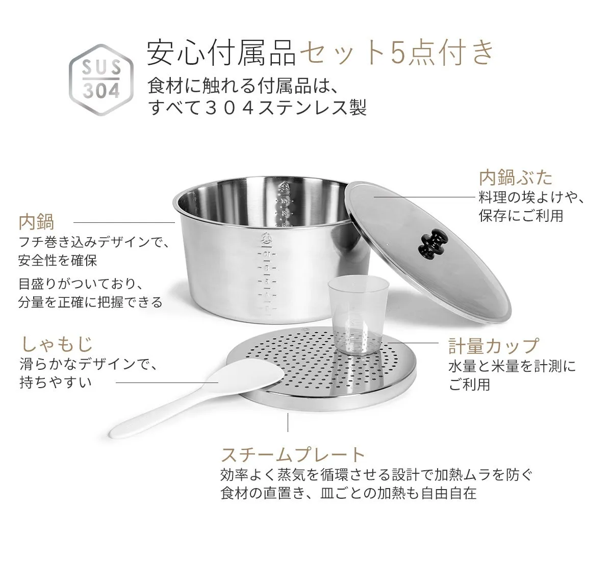 調理器具のセットの写真。内鍋、内鍋ぶた、計量カップ、しゃもじ、スチームプレートが含まれています。これらの付属品は、304ステンレス製で、安全性を考慮して設計されています。