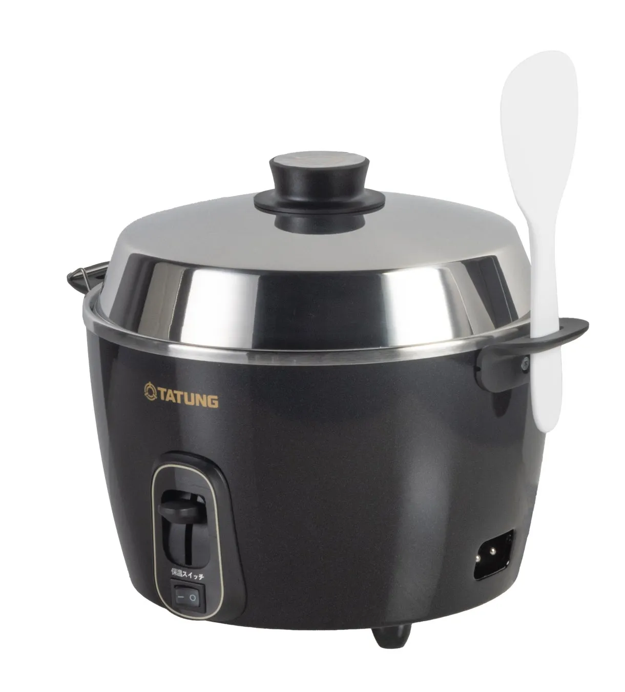 黒色の炊飯器の写真です。炊飯器には、蓋、しゃもじ、電源コード、スイッチが付いています。