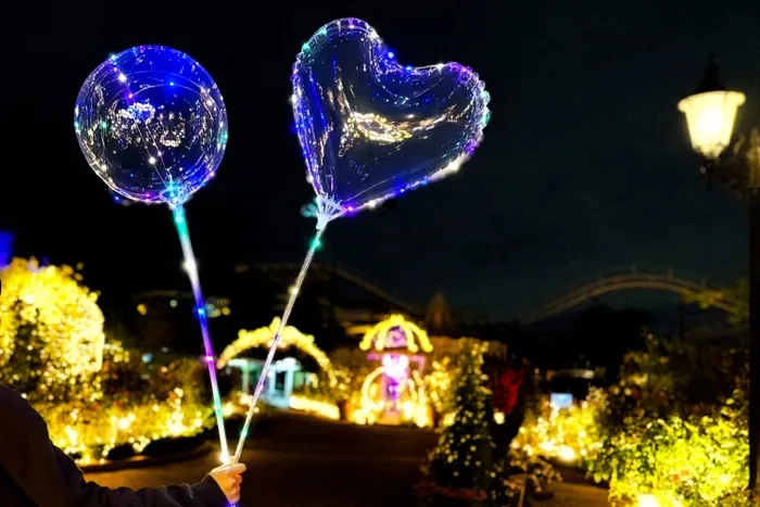 夜の公園で、光る風船を持っている人の写真です。風船は丸い形とハートの形をしており、どちらもLEDライトで装飾されています。背景には、ライトアップされた建物や植物、街灯が見えます。