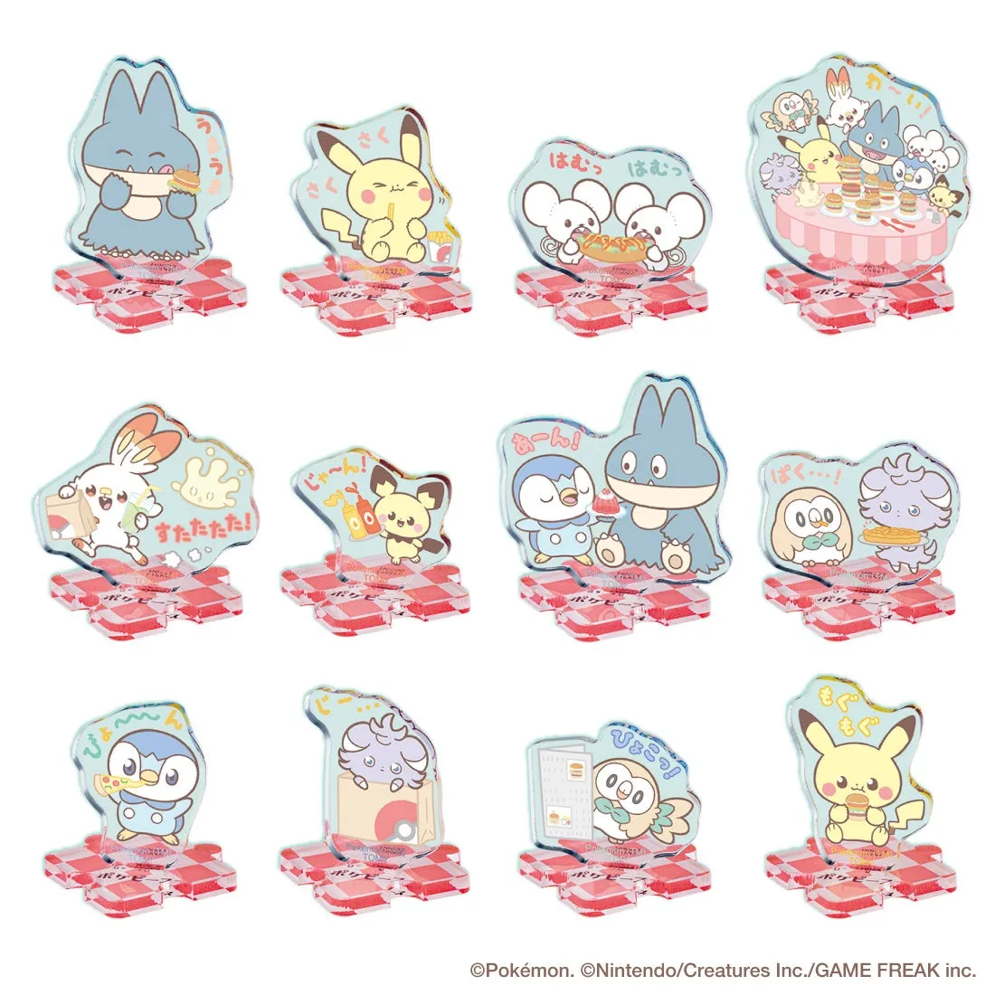 複数のポケモンキャラクターが描かれたアクリルスタンドのセット。ピカチュウ、ミミッキュ、プリンなど、様々なポケモンが食べ物と一緒にデザインされています。