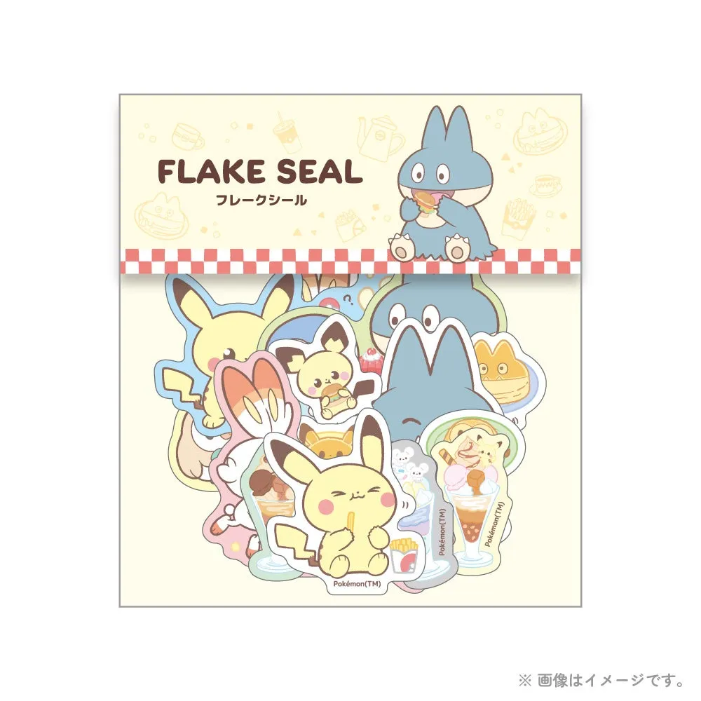 ポケモンキャラクターのフレークシールセットです。ピカチュウやカビゴンなど、様々なポケモンが描かれています。
