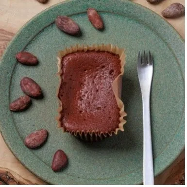 緑色の皿の上に、チョコレートケーキとカカオ豆が置かれている様子。
