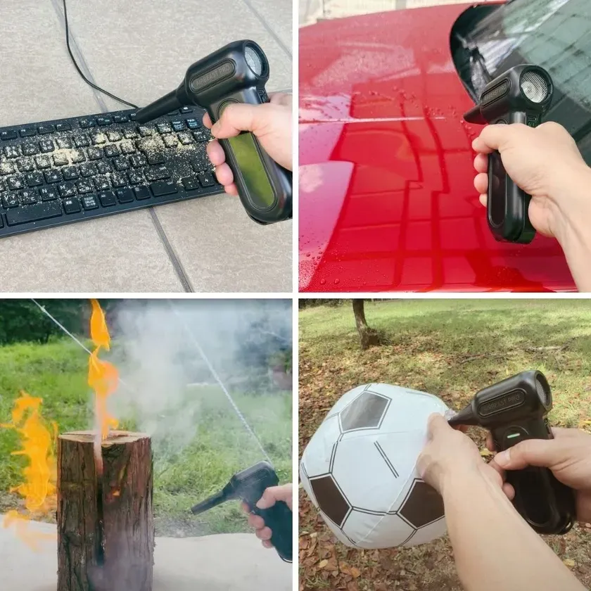 多用途に使われるエアブロワーのデモンストレーション。キーボードの掃除、車の水滴除去、火起こし、サッカーボールへの空気入れなど、様々な用途に使われている様子。
