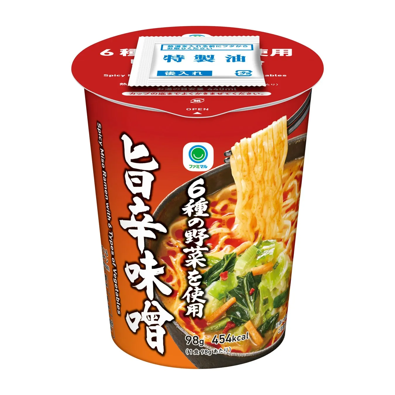 カップラーメンの商品パッケージ。赤色の背景に、ラーメンの画像と文字情報が配置されている。パッケージには「6種の野菜を使用」と書かれており、辛味噌ラーメンであることが示唆されている。