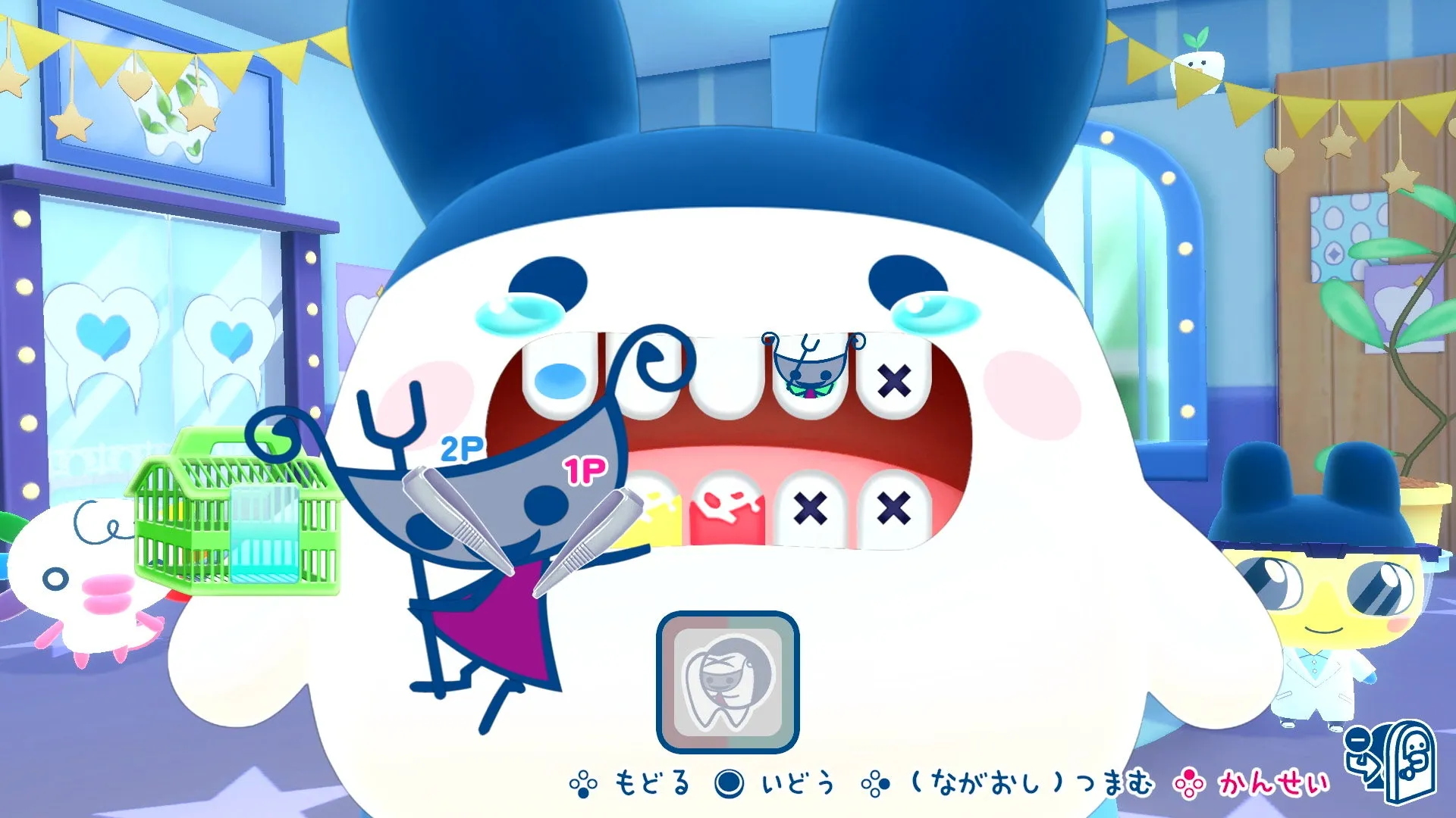 歯医者のようなゲーム画面。キャラクターが歯の治療をしている様子が描かれています。