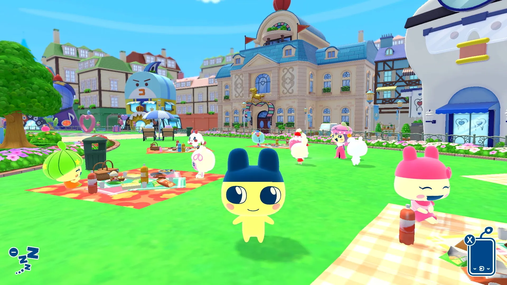 公園でピクニックを楽しむキャラクターたち。青い屋根の建物や、特徴的な外観の建物が並ぶ明るい雰囲気のイラストです。