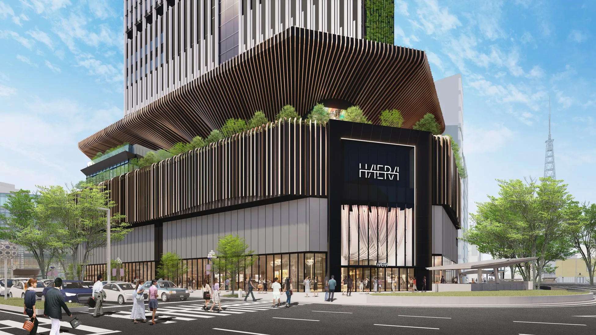 都市景観, 建築, 高層ビル, 商業施設, デザイン, 屋上テラス, 道路, 歩行者, 木材, 緑化