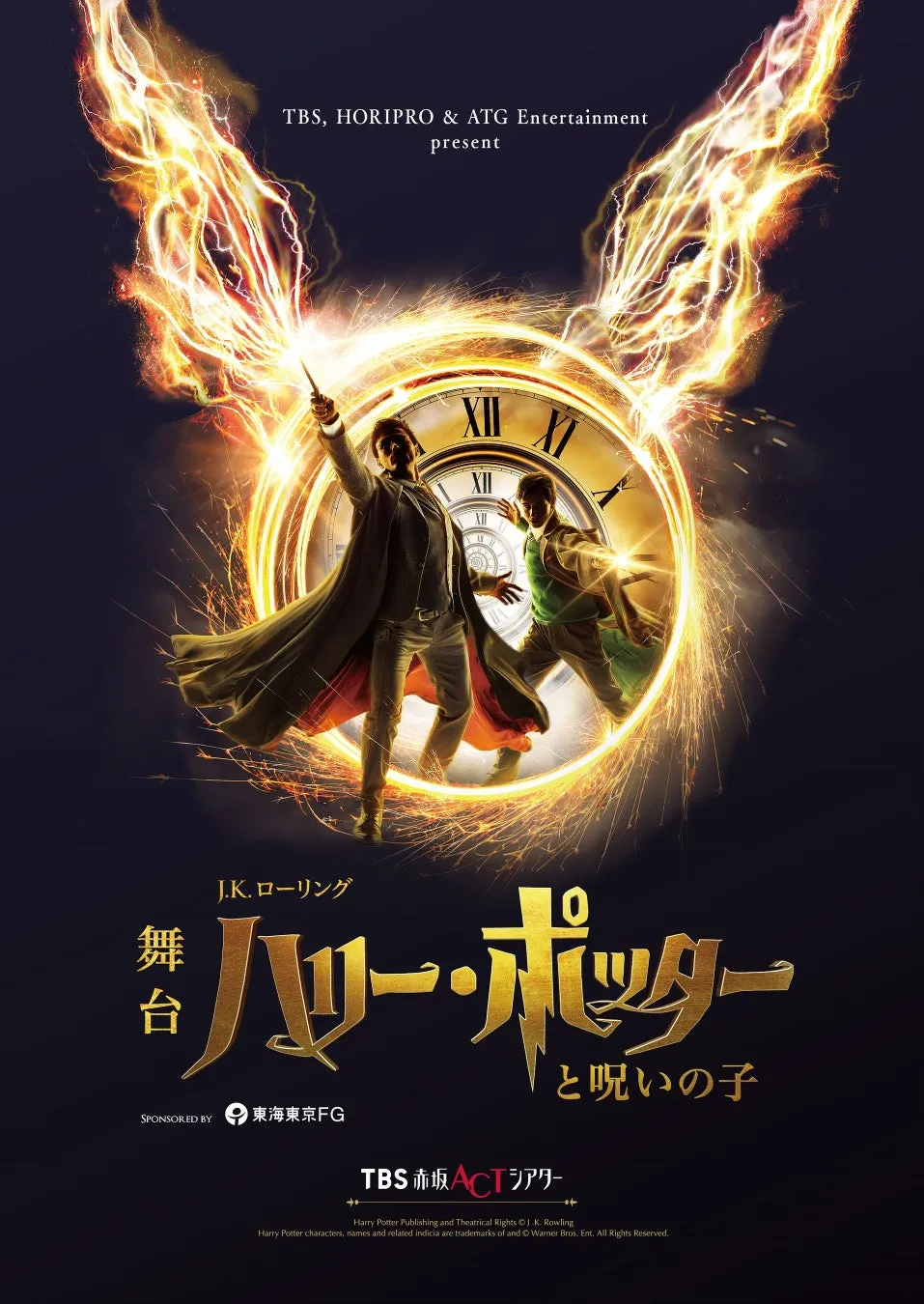 舞台「ハリー・ポッターと呪いの子」のポスター。ハリー・ポッターと他のキャラクターが魔法の杖で魔法をかけている様子が描かれています。背景には時計が配置され、劇のテーマである時間旅行を示唆しています。