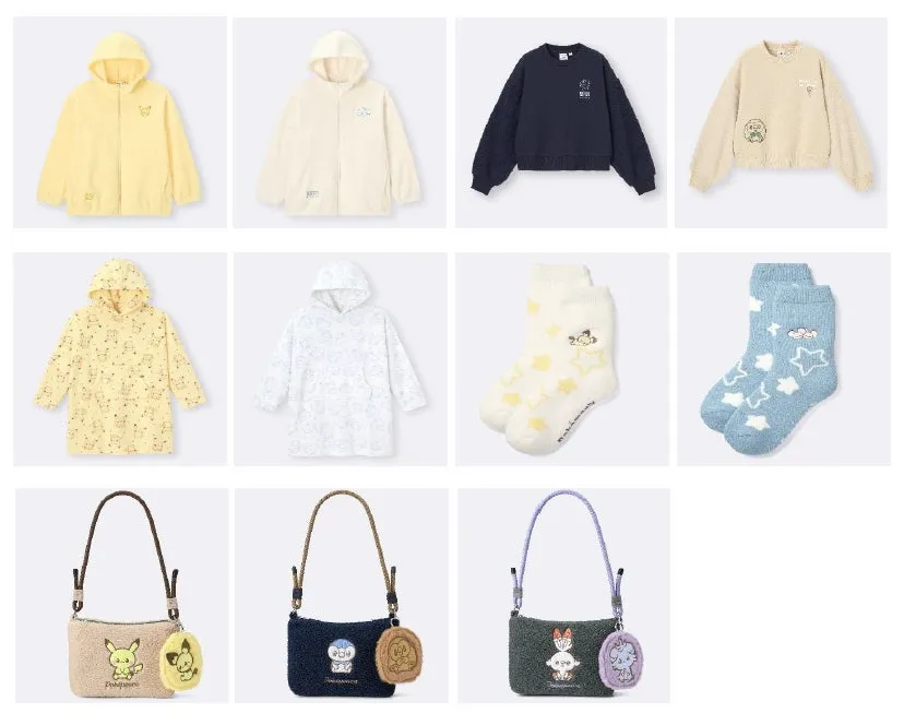 ポケモンコラボのアパレル商品が並んだ画像。パーカー、トレーナー、靴下、バッグなど、様々なアイテムが写っている。