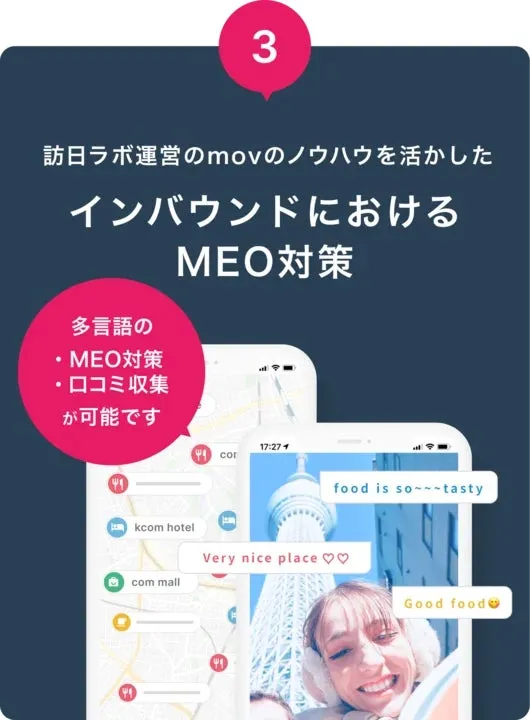 インバウンドMEO対策をテーマにした画像。多言語対応、MEO対策、口コミ収集が可能であるとアピールしている。