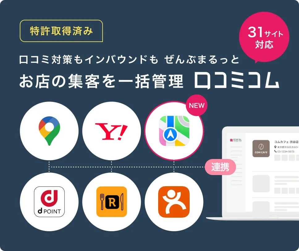 お店の集客を管理するサービスを紹介する画像。口コミ対策やインバウンド対策など、様々な集客方法に対応していることをアピールしています。