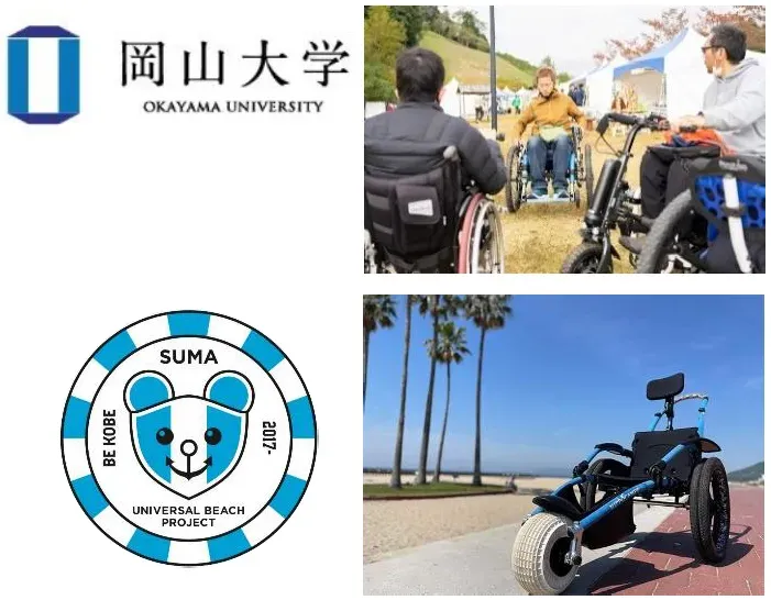 車椅子を使用している人々がビーチで活動している様子や、岡山大学のロゴ、ユニバーサルビーチプロジェクトのロゴが写っている画像です。