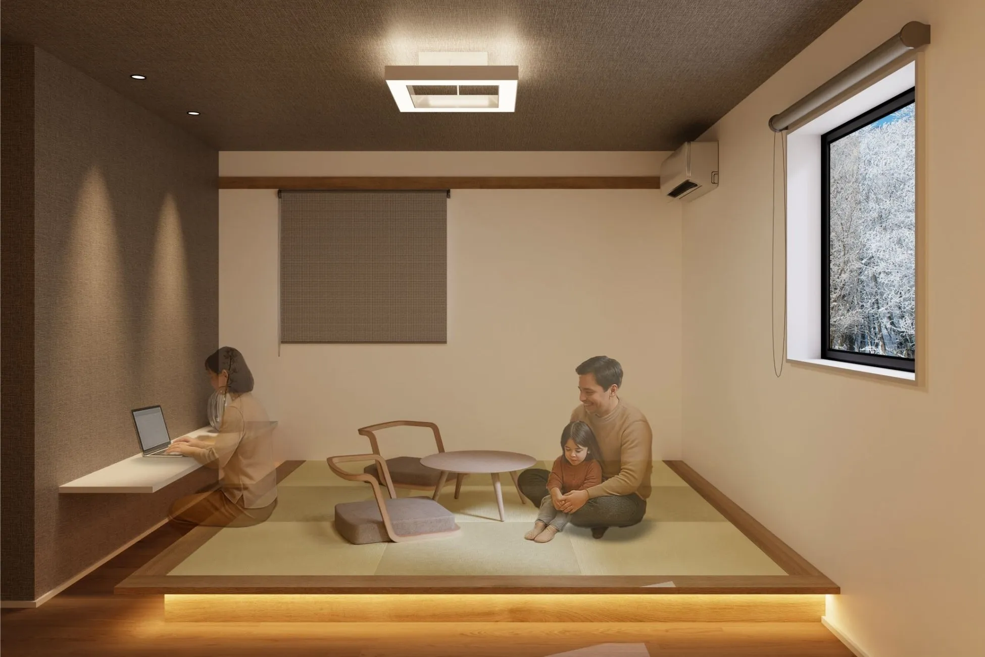 畳の部屋で、家族がくつろぐ様子