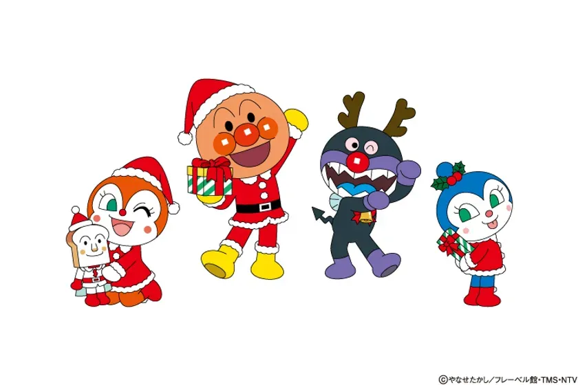 アンパンマンのクリスマスキャラクターが描かれたイラストです。アンパンマン、メロンパンナちゃん、ばいきんまん、ドキンちゃんがサンタクロースの衣装を着て、プレゼントを持っています。