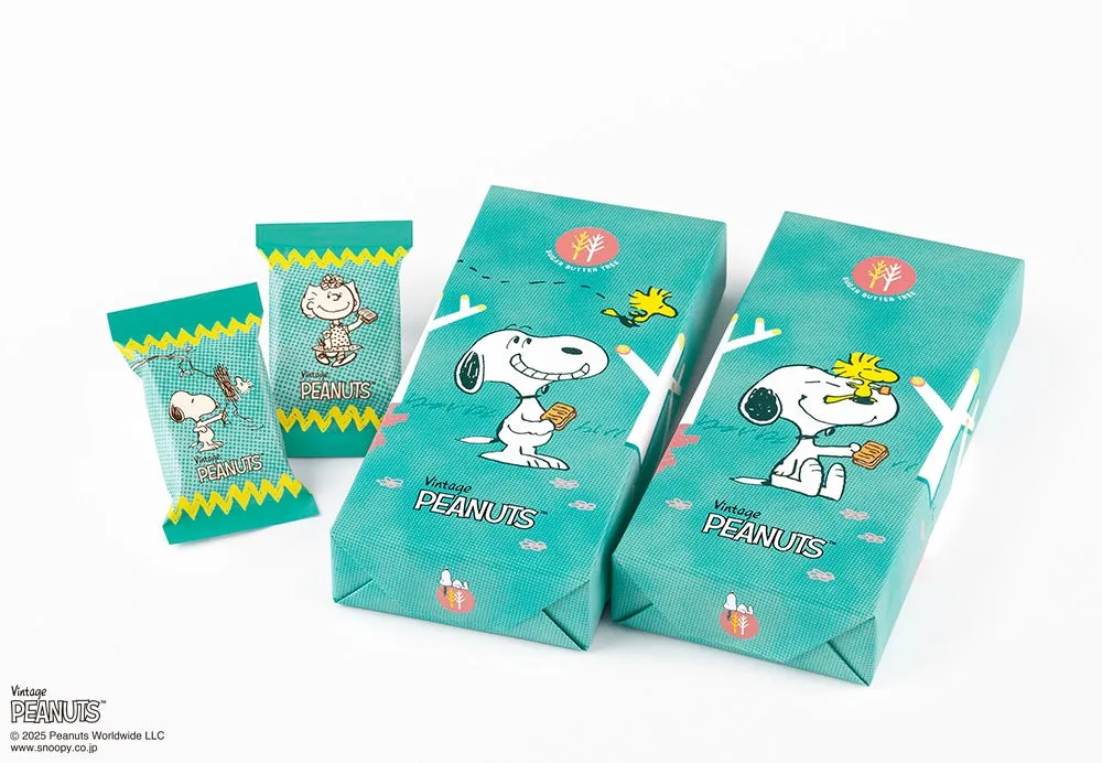 スヌーピーとピーナッツのキャラクターが描かれたお菓子のパッケージ。水色のパッケージに様々なキャラクターが描かれています。