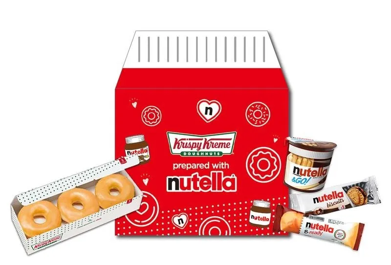 Krispy KremeのドーナツとNutellaのコラボレーションのパッケージ。ドーナツ3個入り、Nutella & GO!、Nutellaビスケット、Nutella B-readyが含まれています。