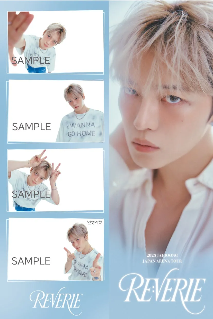 JAEJOONGの2025年JAPAN ARENA TOURのポスター。複数の写真が配置され、中央にJAEJOONGの顔が大きく写っている。ポスター全体は青色を基調としている。