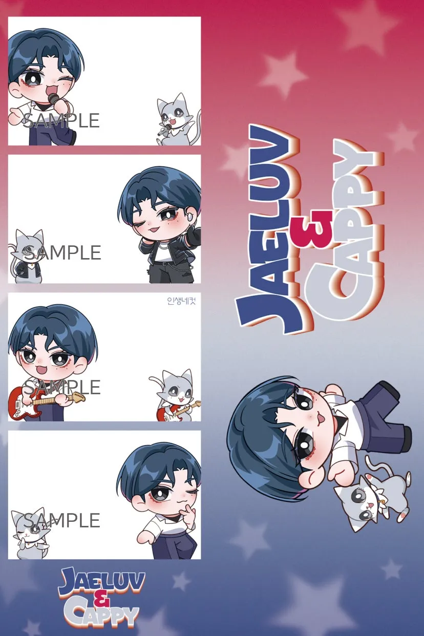 イラストには、様々なポーズをしたキャラクターと猫のキャラクターが描かれています。また、「JAE LUV & CAPPY」という文字も見られます。